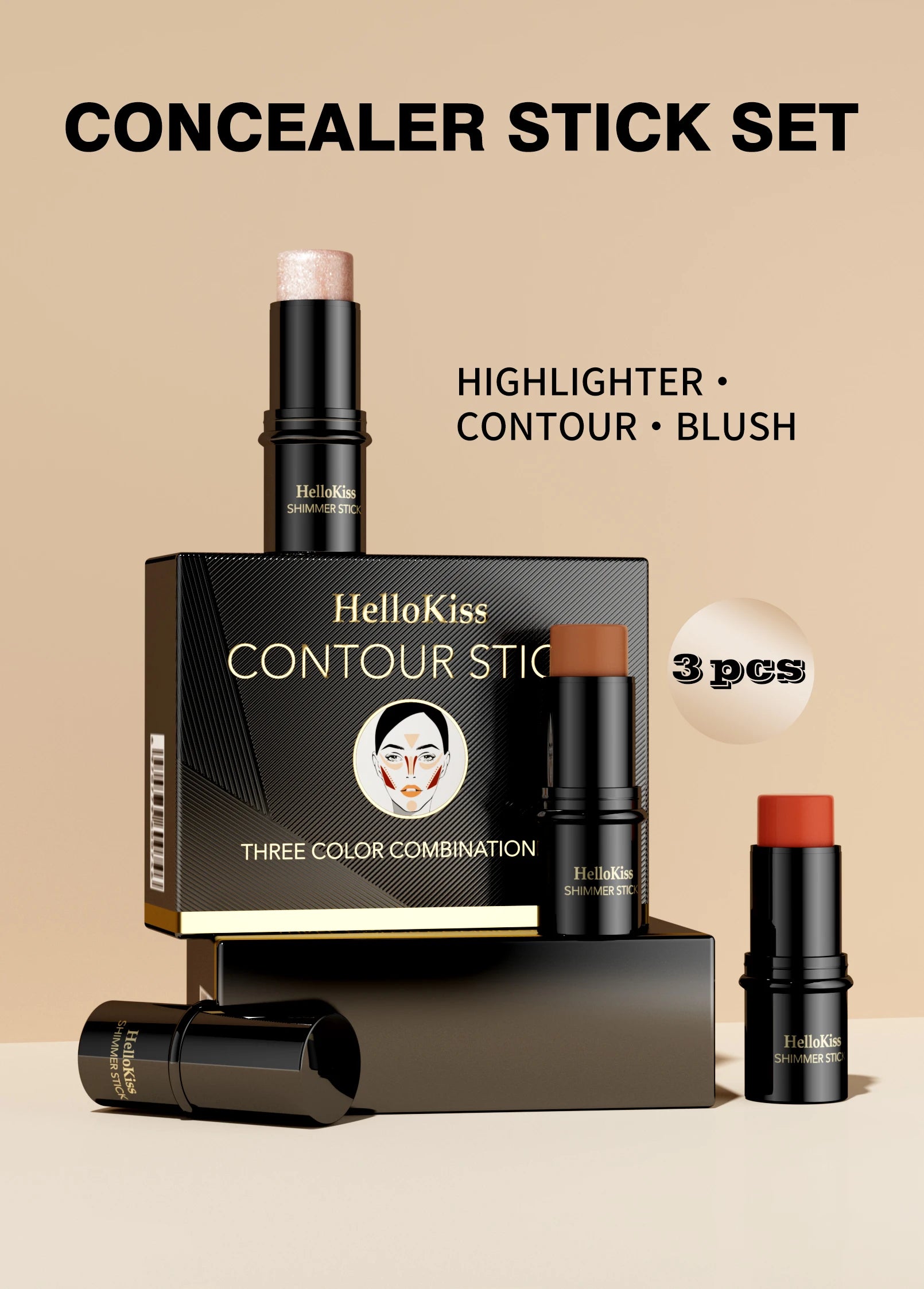 3-Piece Cream Contouring and Highlighting Makeup Stick Set