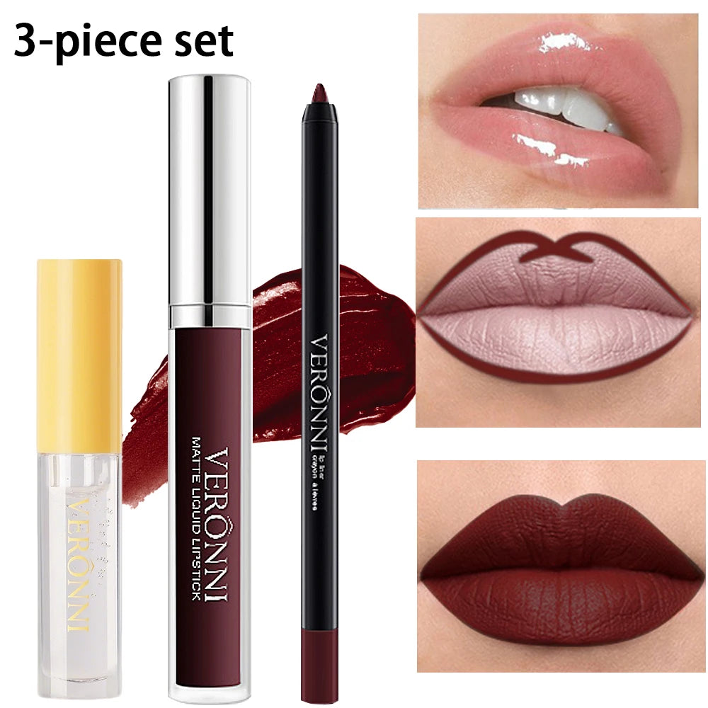 3-Piece Waterproof Matte Lip Makeup Set