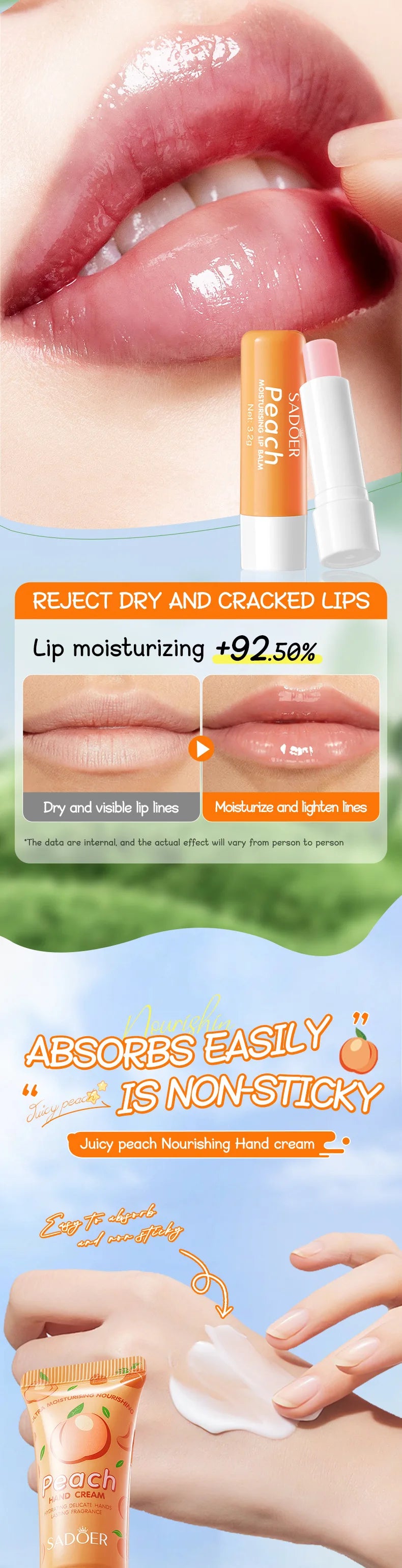 Moisturizing Peach Hand Cream and Lip Balm Set