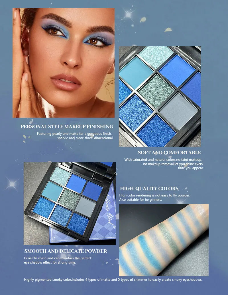 9-Color Blue Eyeshadow Palette for Festivals and Parties