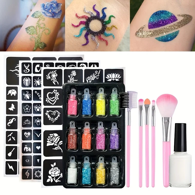 12-Color Temporary Glitter Tattoo and Body Art Kit
