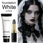 Halloween Matte White Foundation and Black Glitter Lipstick Set