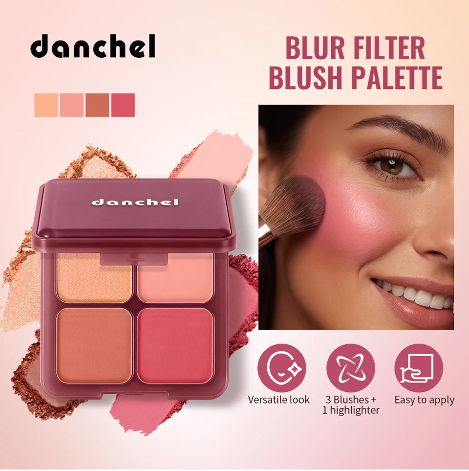 4-Color Matte Blush Palette with Soft Makeup Brush