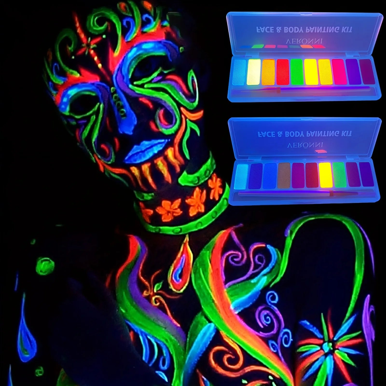 10-Color Neon UV Glow Face and Body Paint Palette