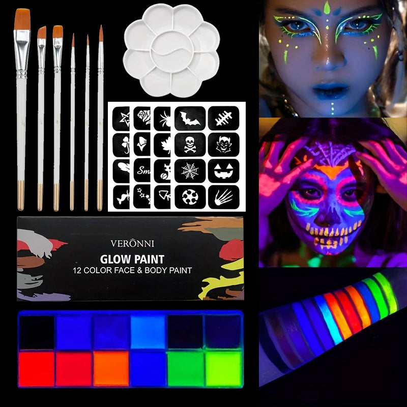 12-Color Professional UV Glow Face and Body Paint Set