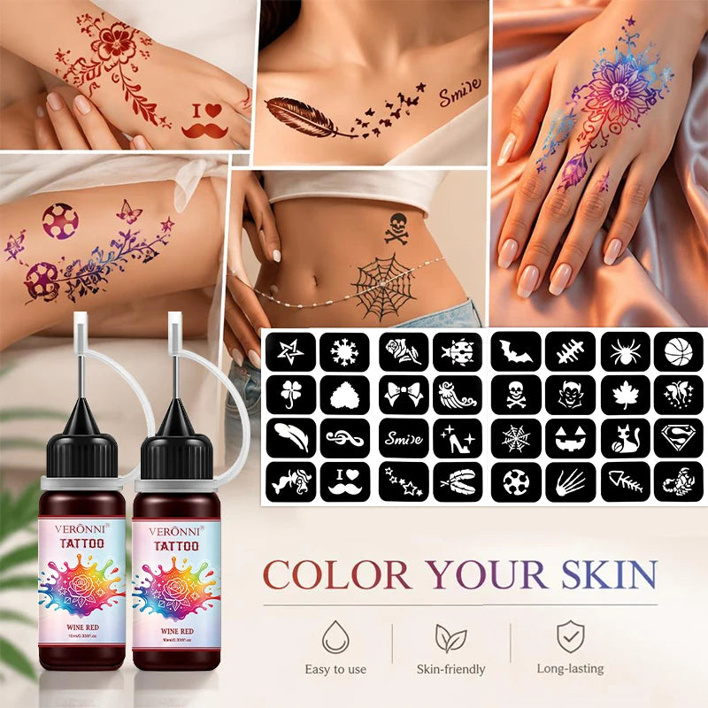Temporary Henna Body Art Tattoo Juice Kit with Stencils