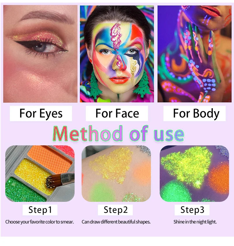 10-Color Neon UV Glow-in-the-Dark Face and Eye Makeup Palette