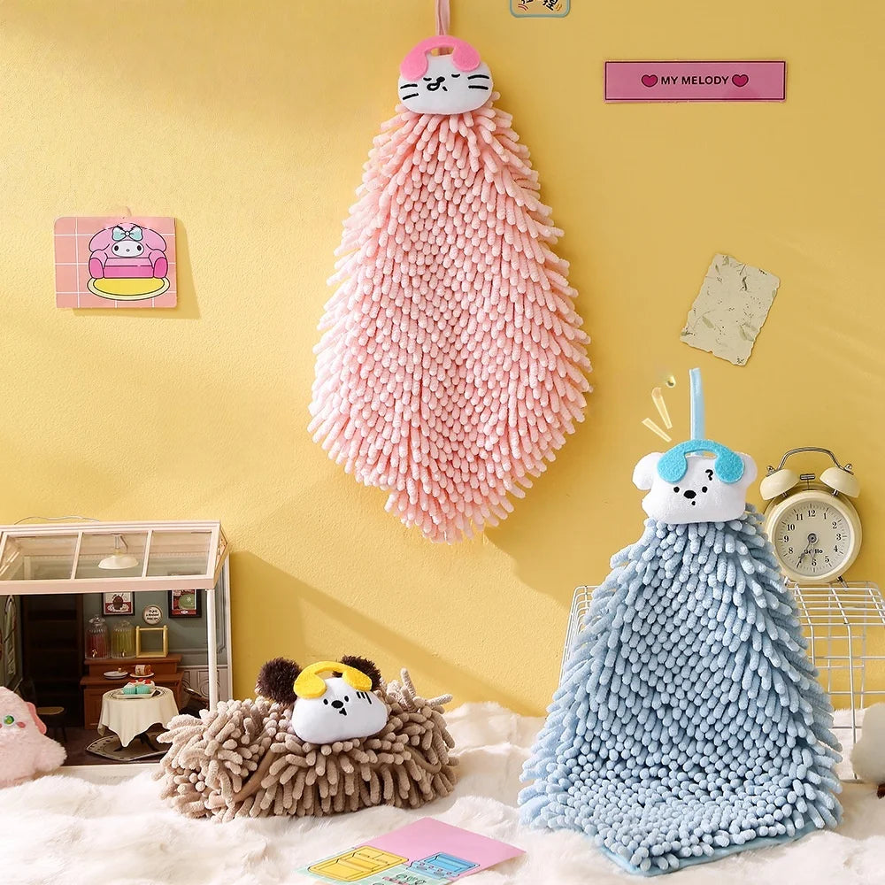 Cute Cartoon Chenille Hanging Hand Towel for Kitchen and Bathroom