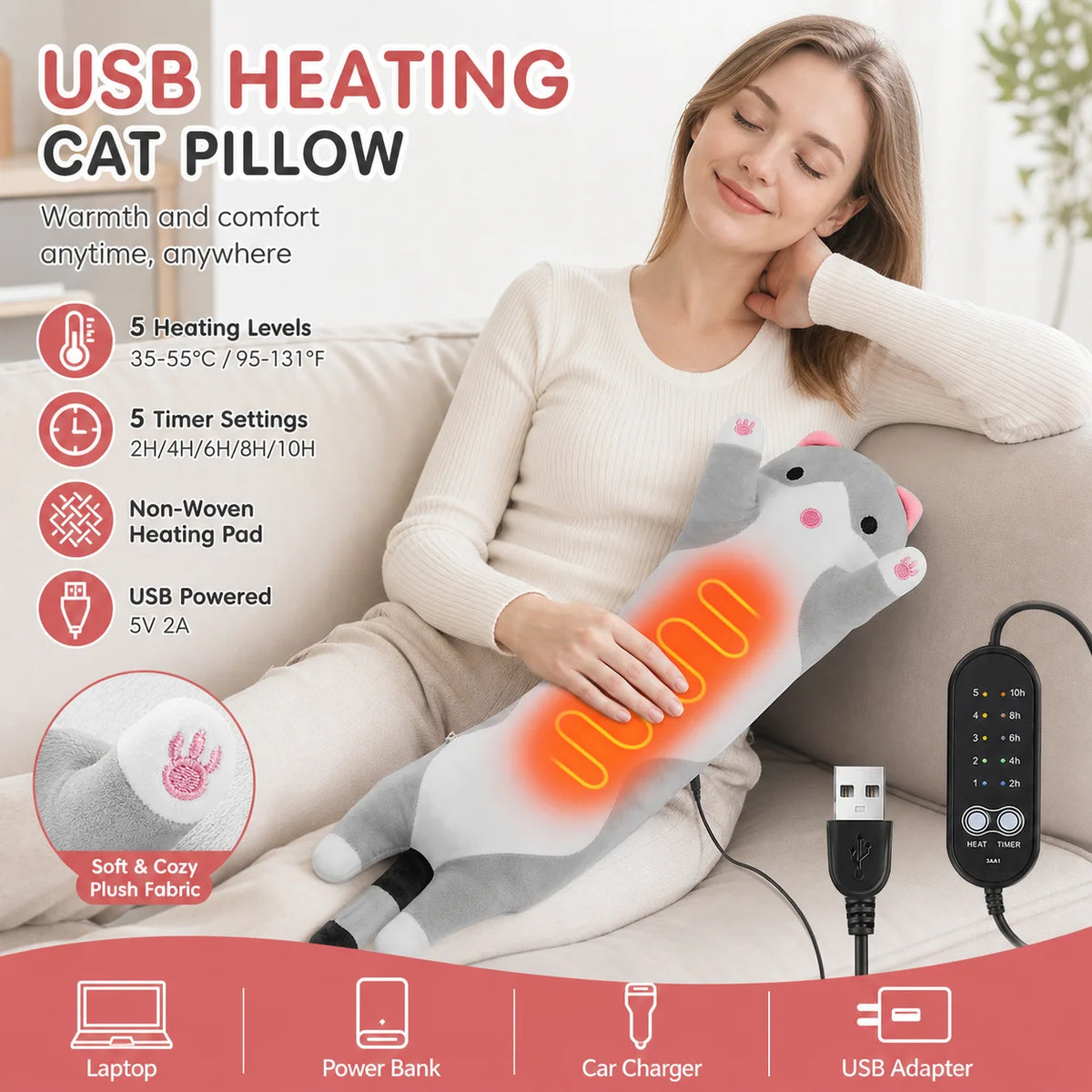USB Heated Cat Plush Pillow for Hand Warming and Relaxation