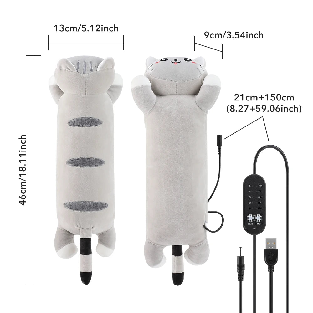 USB Heated Cat Plush Pillow for Period Cramps and Back Pain