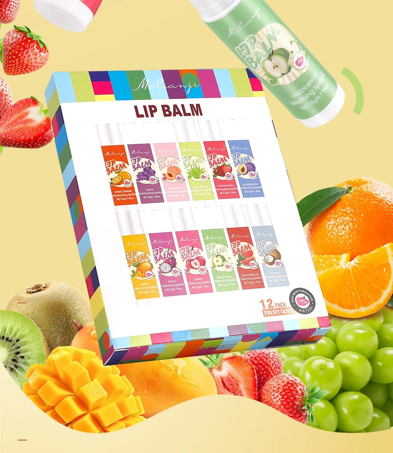 12-Piece Fruity Moisturizing Lip Balm Set for Dry Lips