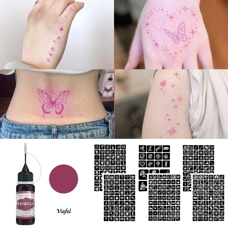 Temporary Tattoo Gel Kit with Stencil Templates for Body Art - 11