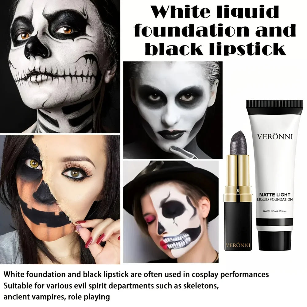 Halloween Matte White Foundation and Black Glitter Lipstick Set