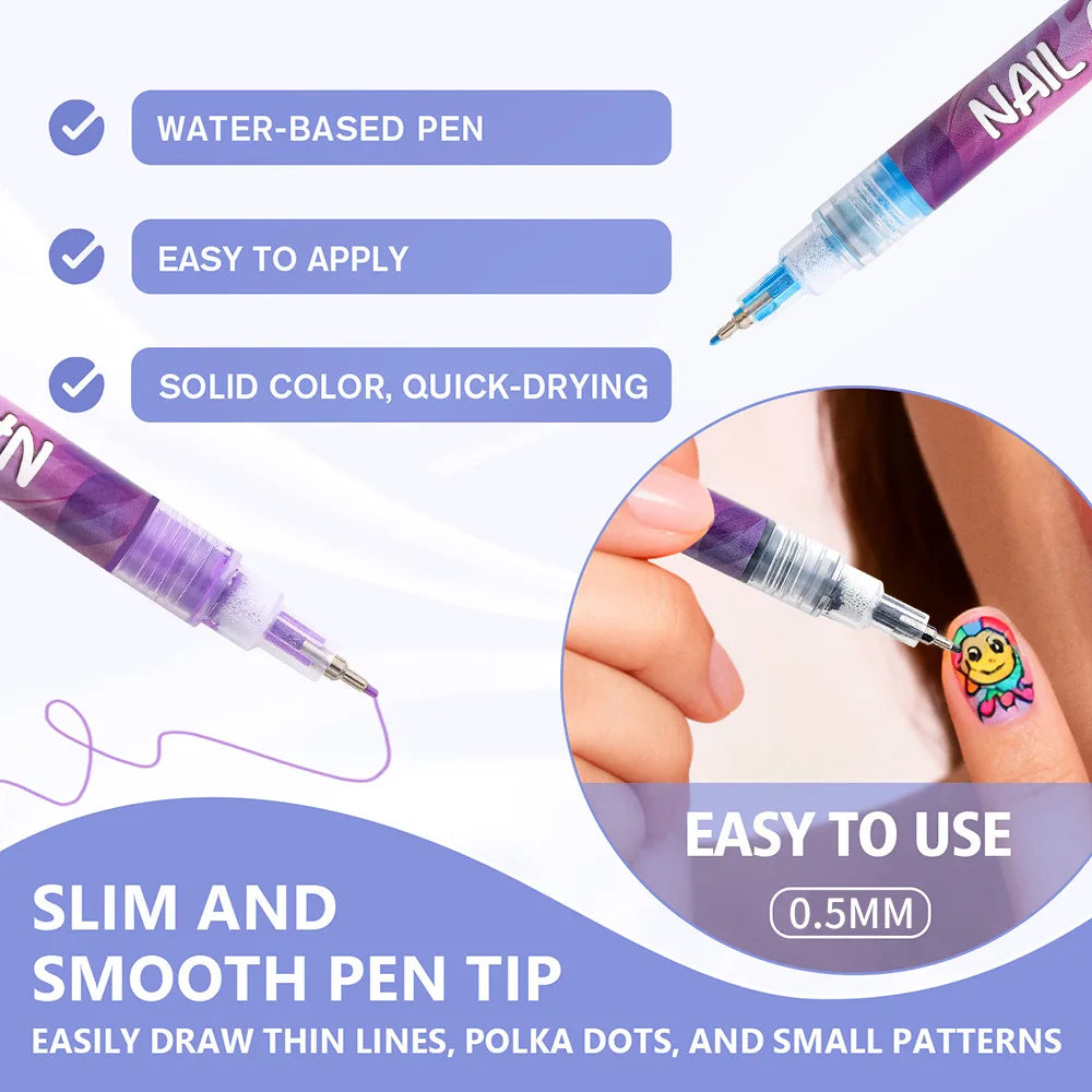 12-Piece Waterproof Nail Art Graffiti Marker Pens for DIY Designs