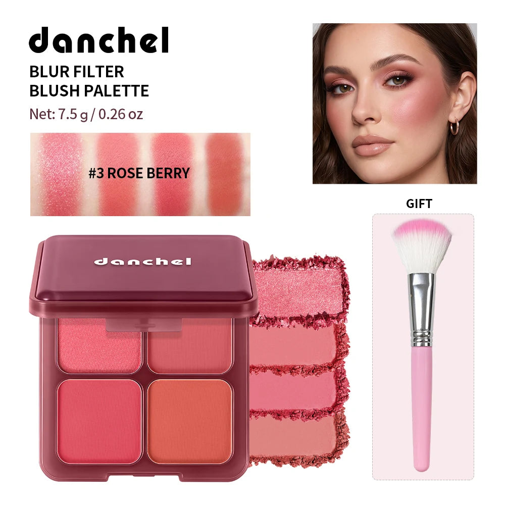 4-Color Matte Blush Palette with Soft Makeup Brush - 22