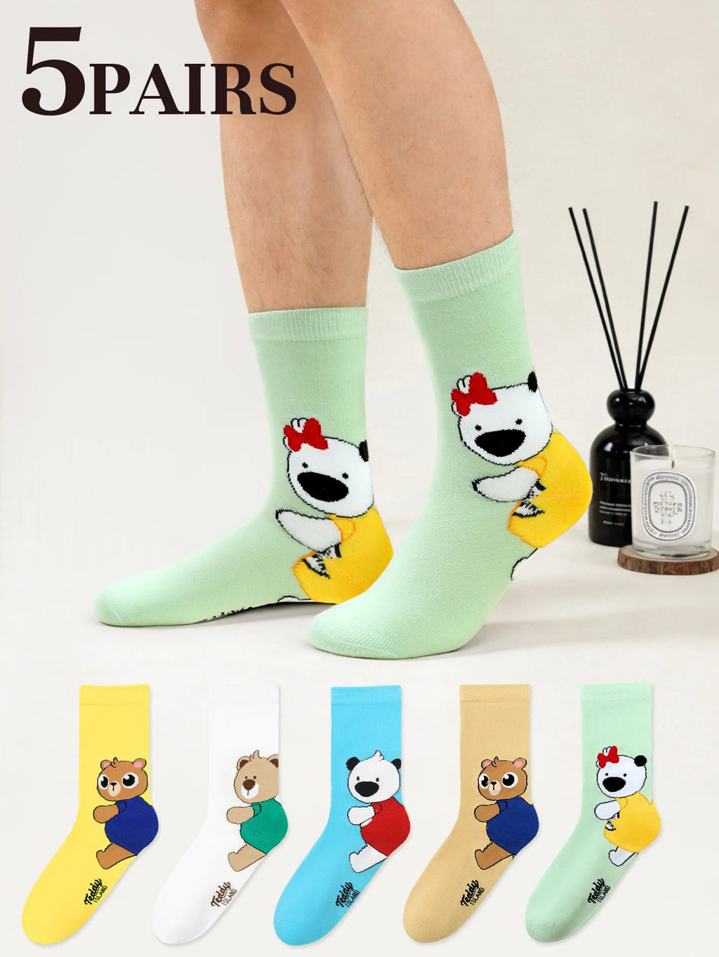 Cute Teddy Bear Print Crew Socks for Women