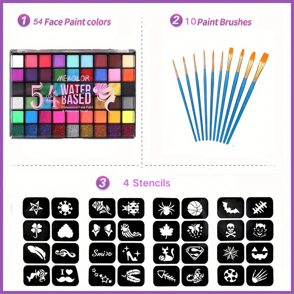 54-Color Professional Water-Based Face and Body Paint Palette
