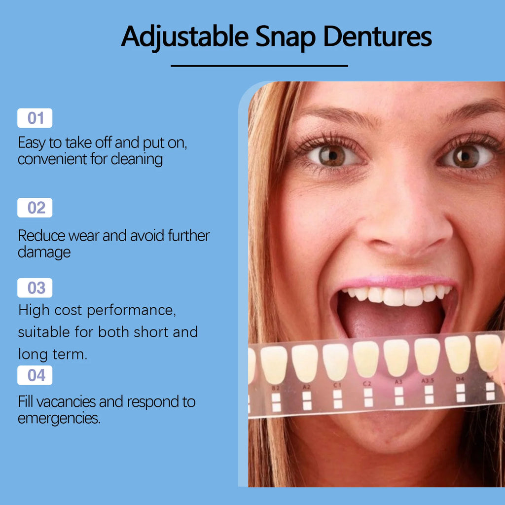 Adjustable Snap-On Cosmetic Dentures for Instant Perfect Smile