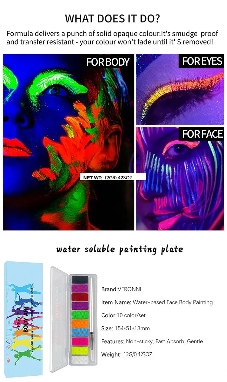 10-Color UV Glow Face and Body Paint Palette - 13