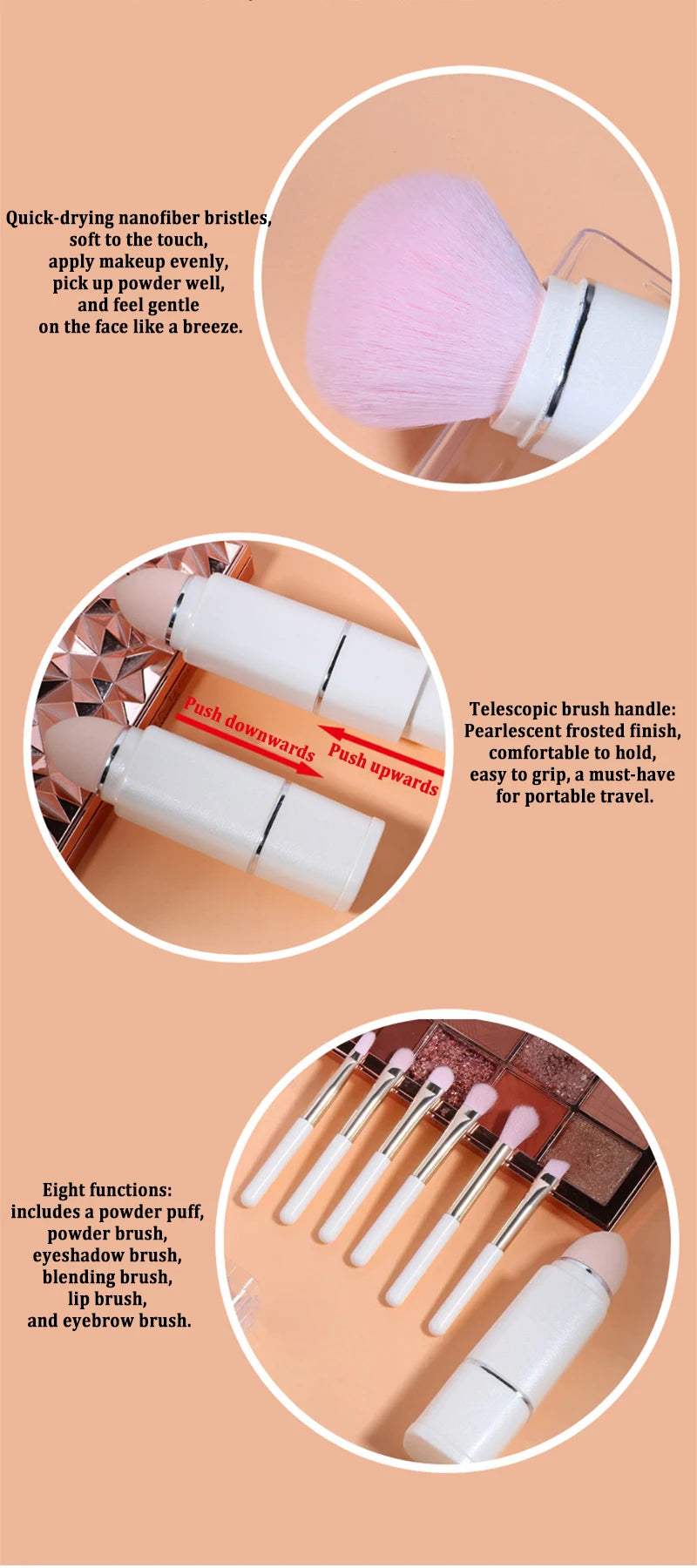 8-Piece Retractable Travel Makeup Brush Set