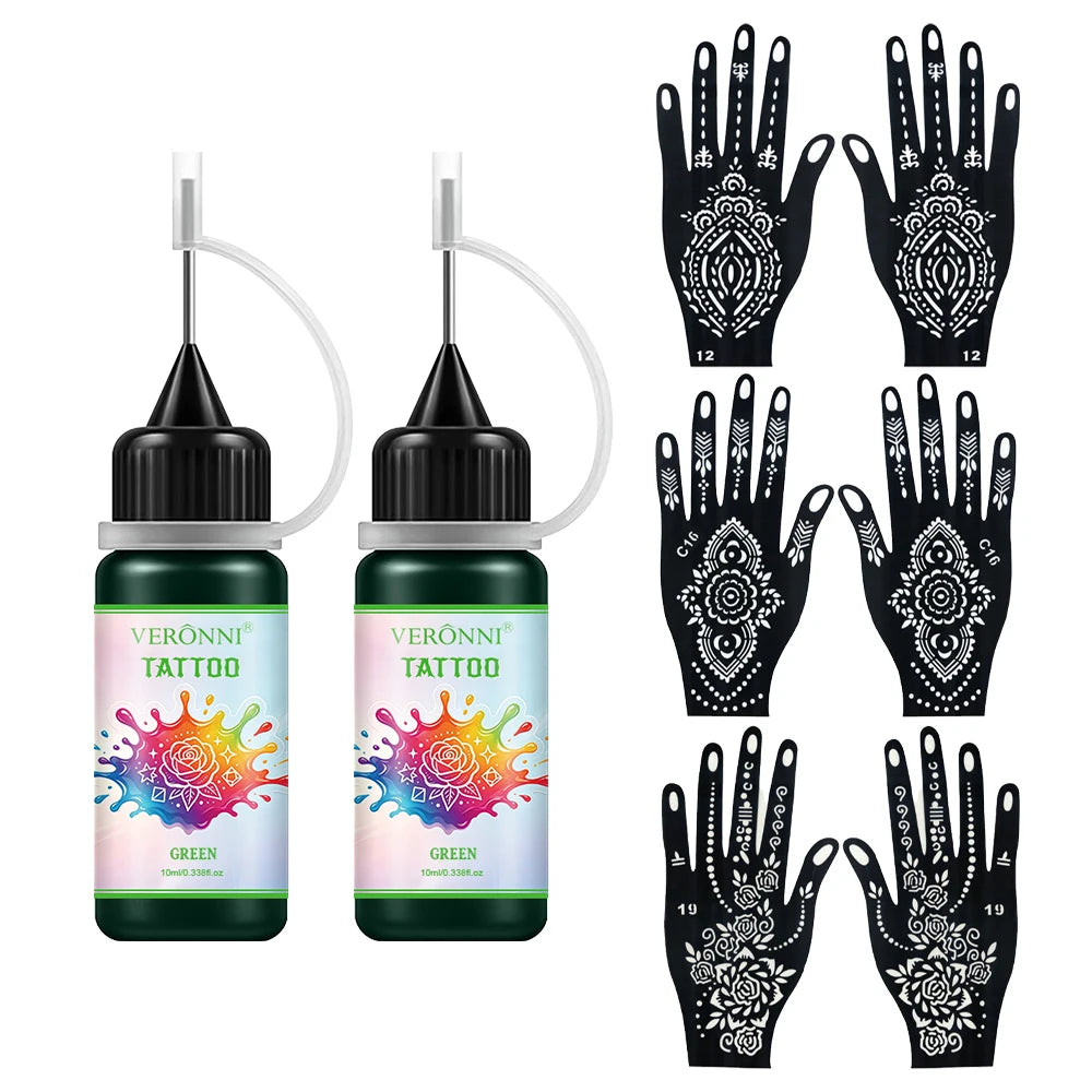 Temporary Tattoo Ink and Stencil Kit for Body Art