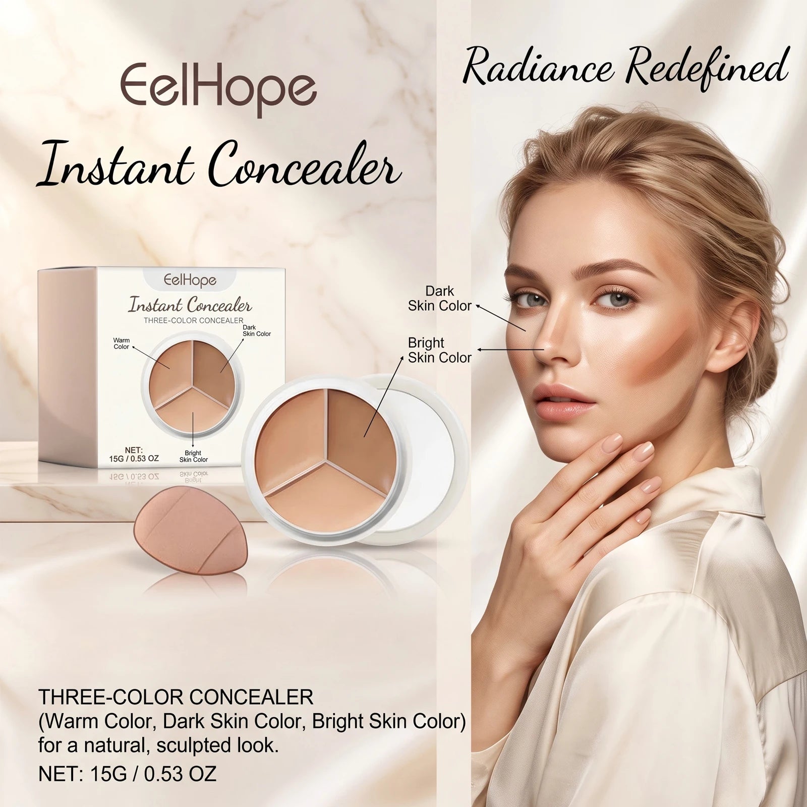 3-Color Cream Concealer Palette for Dark Circles and Blemishes - 1