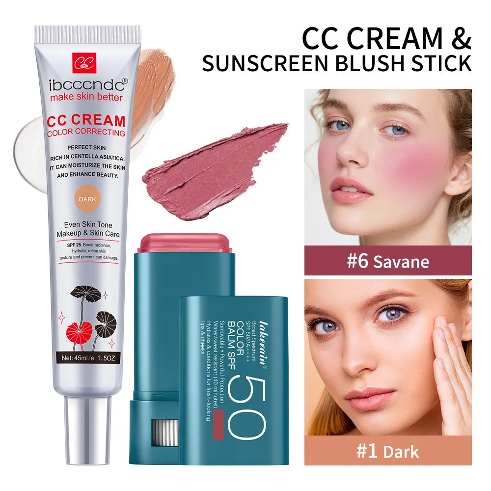 Color Correcting CC Cream and Sunscreen Blush Stick Set - 37