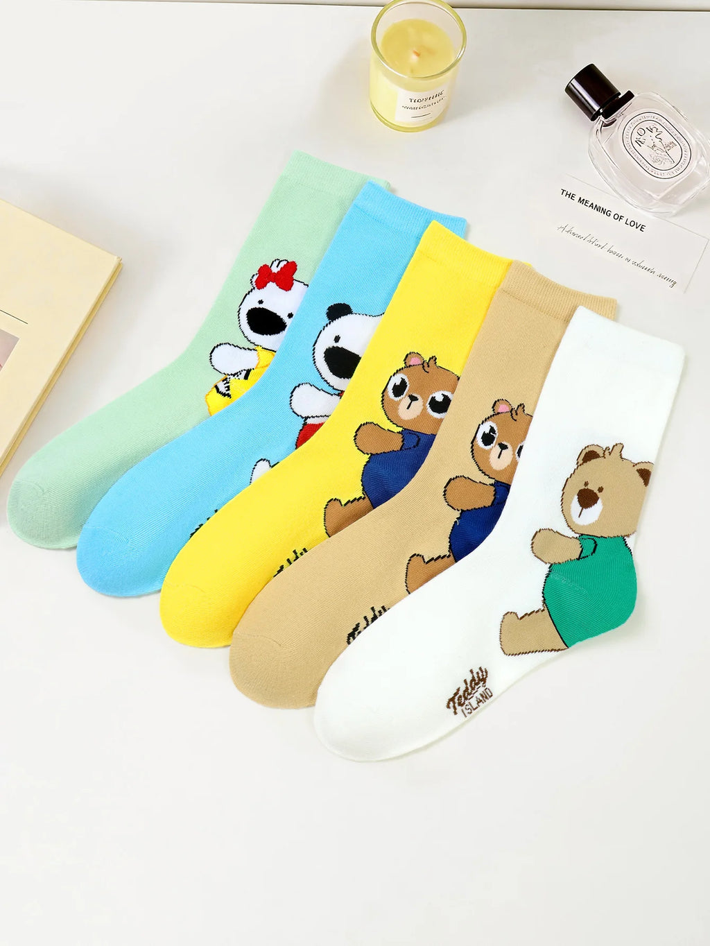 Cute Teddy Bear Print Crew Socks for Women
