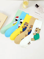 Cute Teddy Bear Print Crew Socks for Women