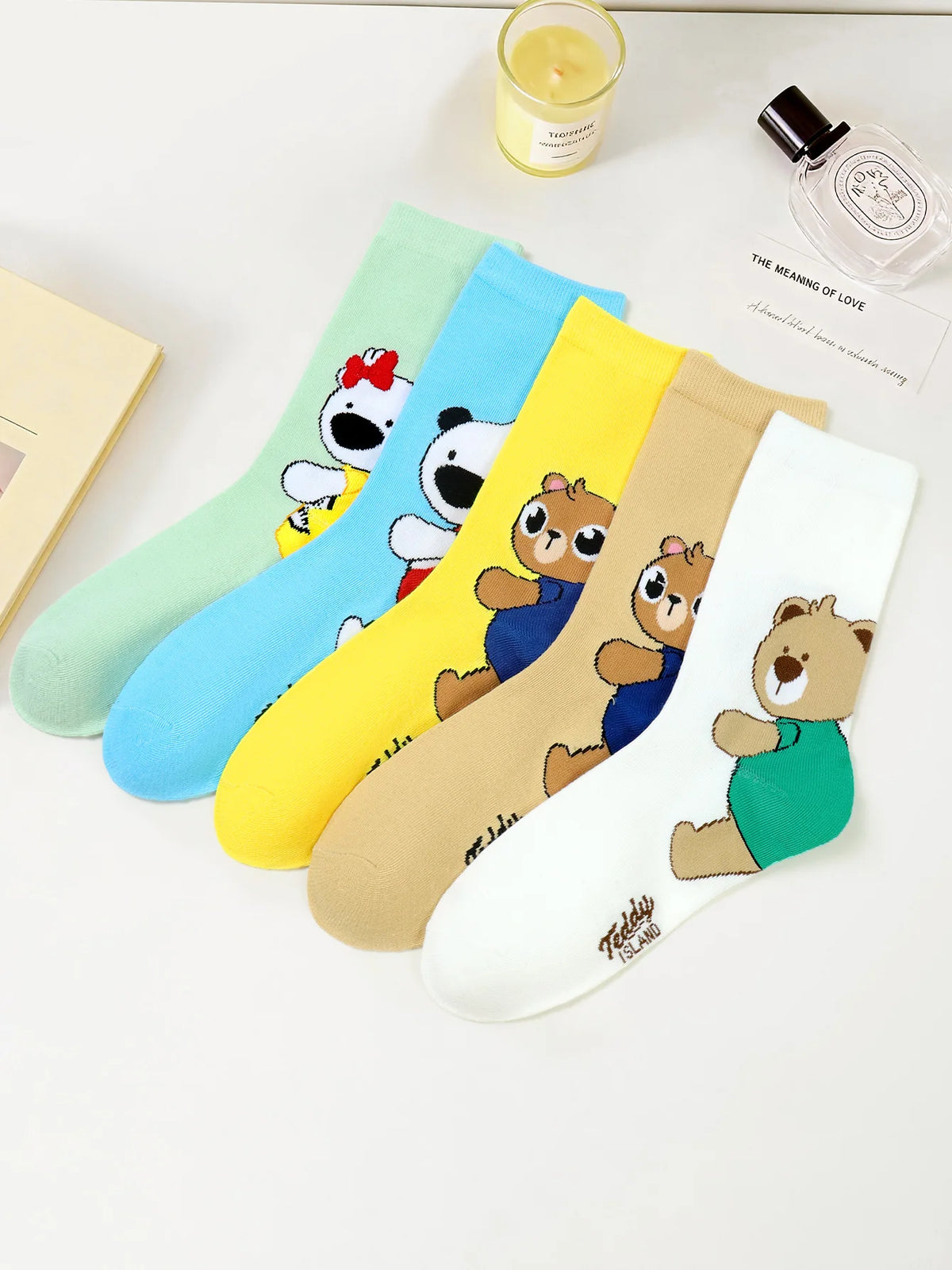 Cute Teddy Bear Print Crew Socks for Women
