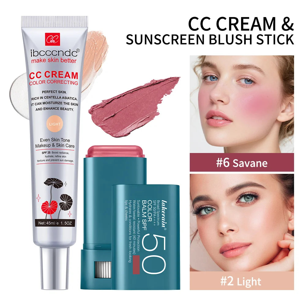 Color Correcting CC Cream and Sunscreen Blush Stick Set - 35