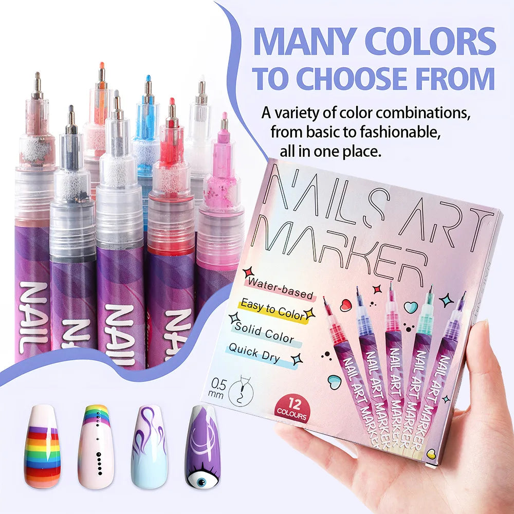12-Piece Waterproof Nail Art Graffiti Marker Pens for DIY Designs