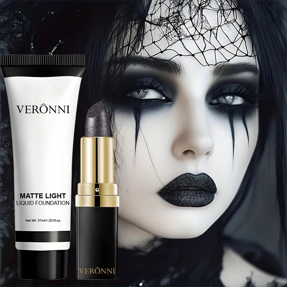 Halloween Matte White Foundation and Black Glitter Lipstick Set
