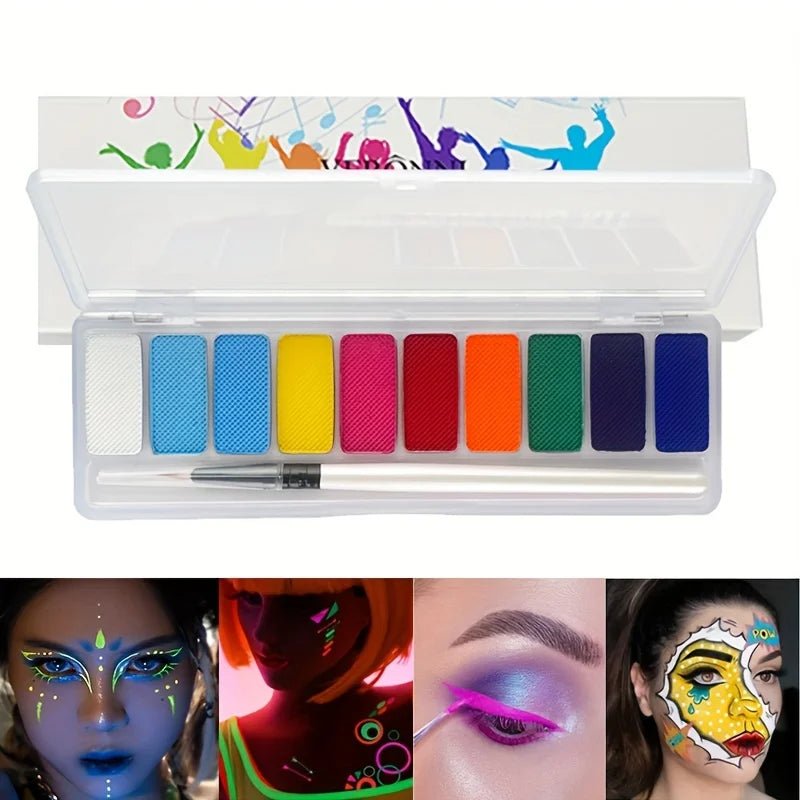 10-Color Neon UV Glow Face and Body Paint Palette