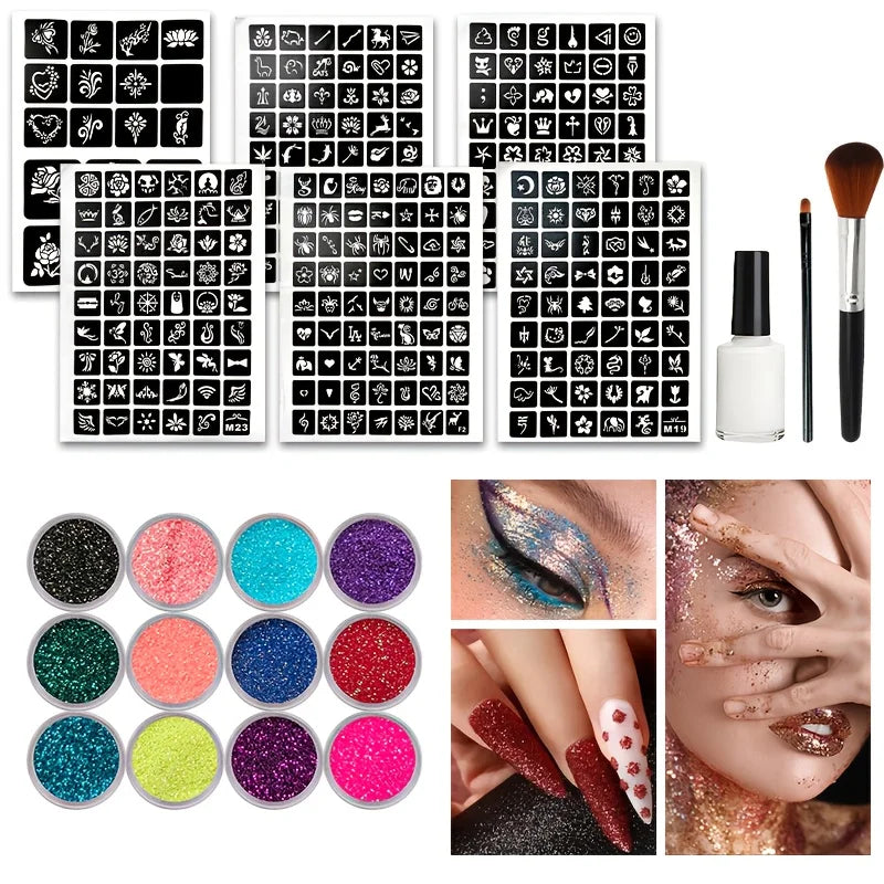 12-Color Glitter Temporary Tattoo and Body Art Kit