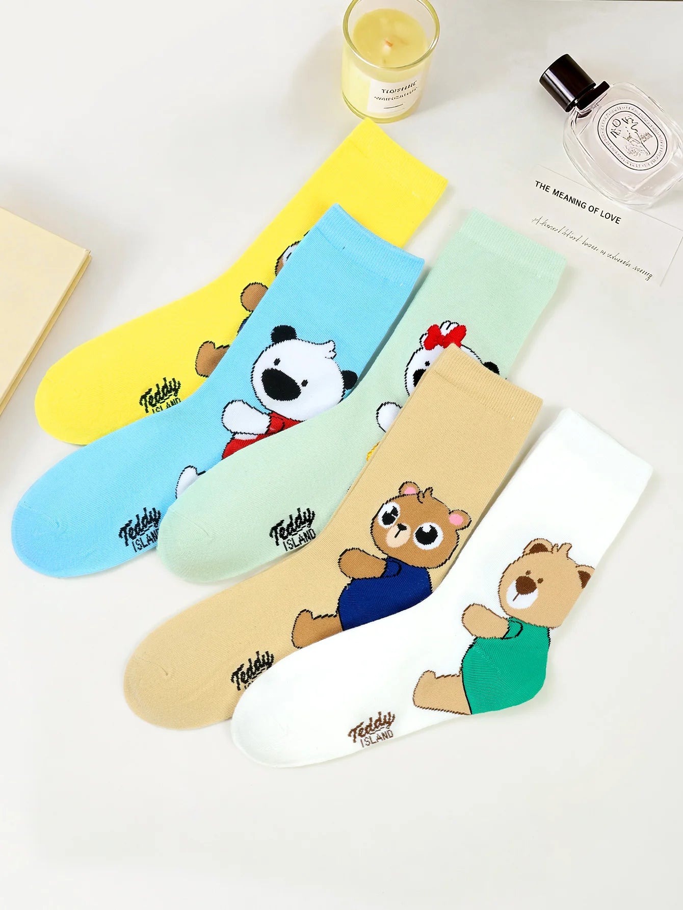 Cute Teddy Bear Print Crew Socks for Women - 6