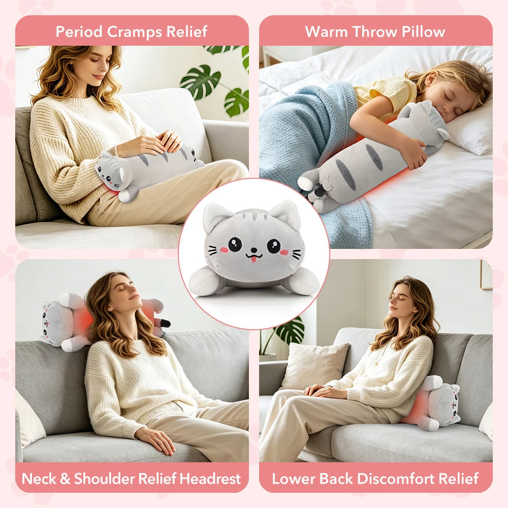 USB Heated Cat Plush Pillow for Period Cramps and Back Pain