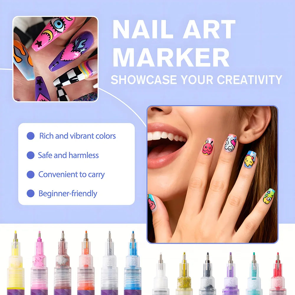 12-Piece Waterproof Nail Art Graffiti Marker Pens for DIY Designs