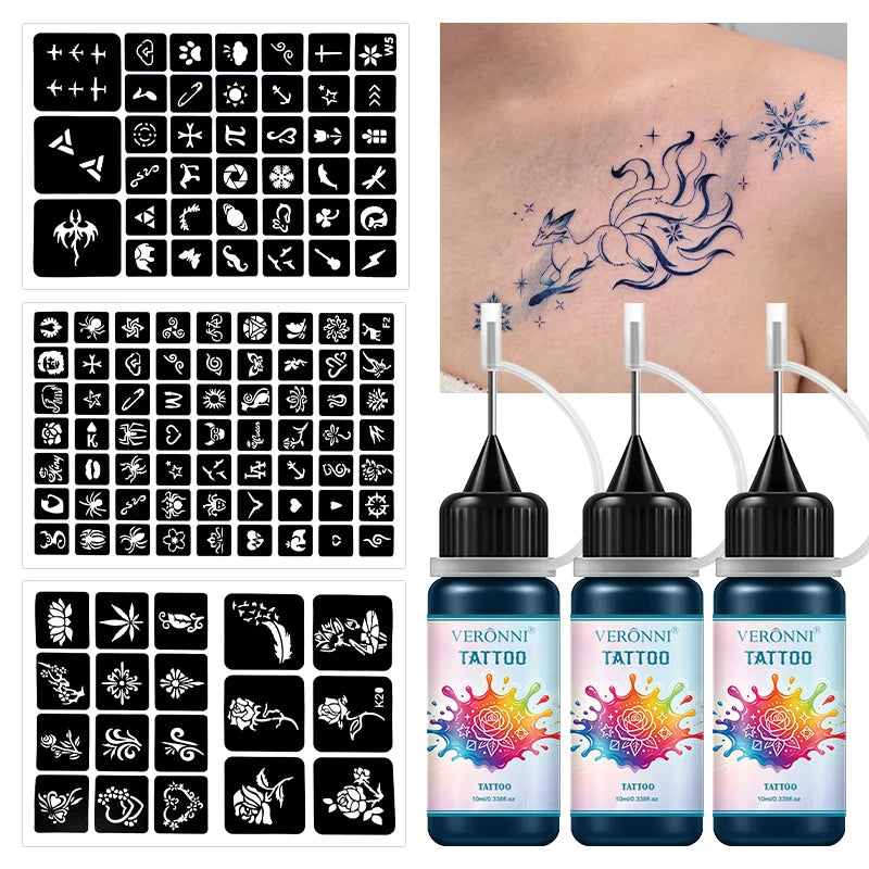 Temporary Tattoo Ink Kit with Stencils for DIY Body Art
