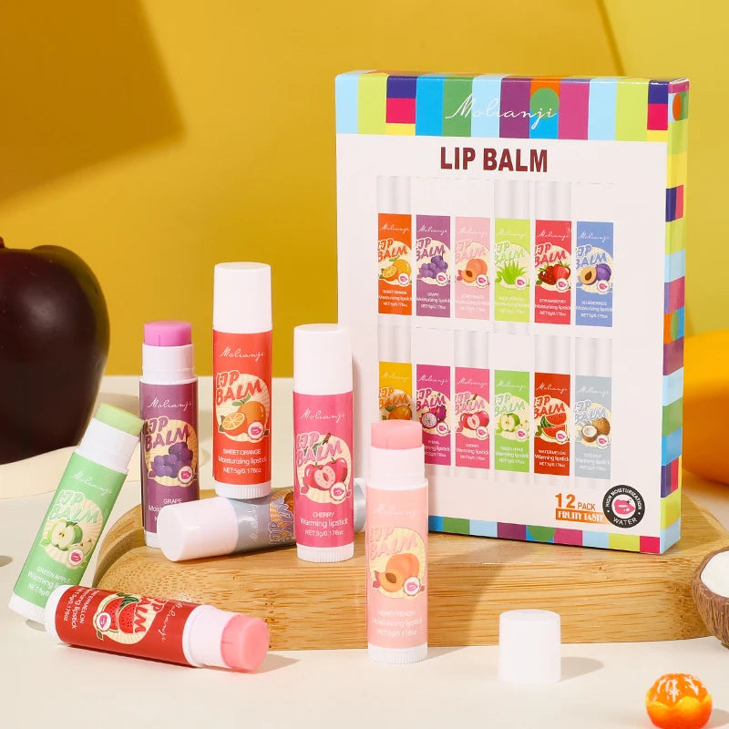 12-Piece Fruity Moisturizing Lip Balm Set for Dry Lips