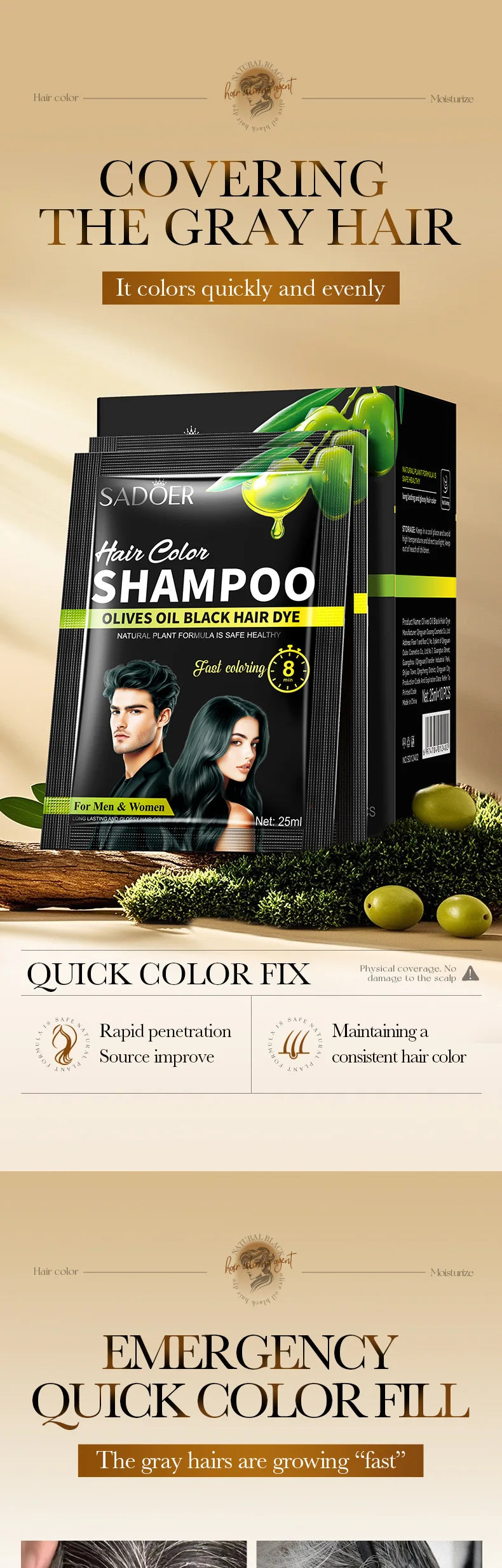 Instant Black Hair Dye Shampoo for Gray Hair Coverage