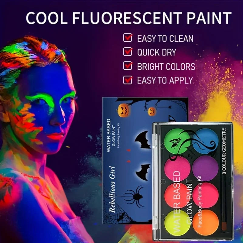 8-Color Neon UV Glow Face and Body Paint Palette