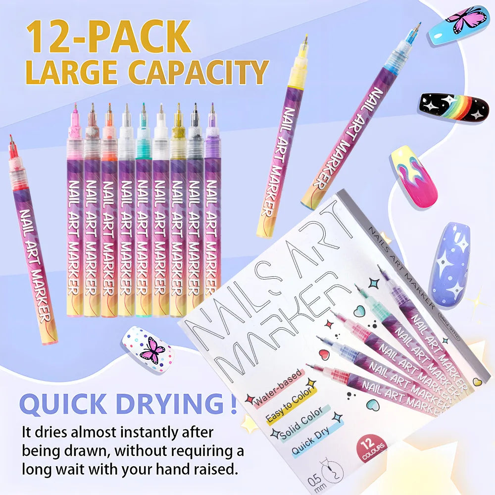 12-Piece Waterproof Nail Art Graffiti Marker Pens for DIY Designs