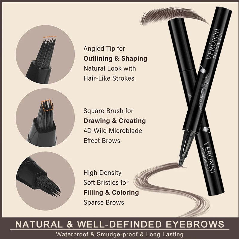Waterproof 4-Tip Liquid Eyebrow Pen for Natural Brows