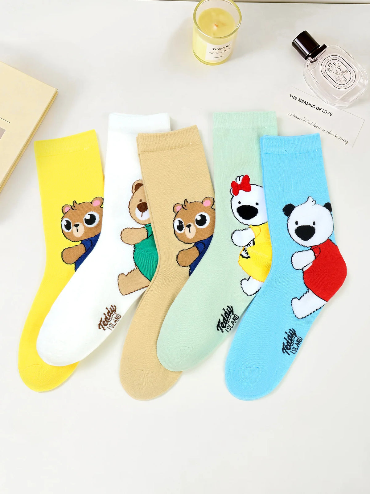 Cute Teddy Bear Print Crew Socks for Women
