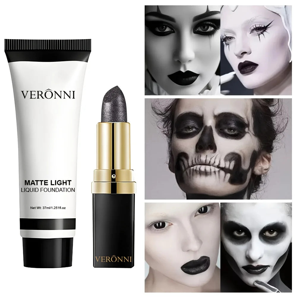 Halloween Matte White Foundation and Black Glitter Lipstick Set