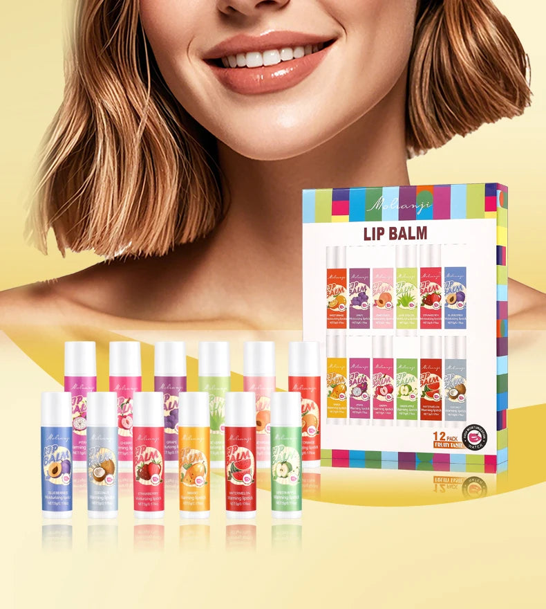 12-Piece Fruity Moisturizing Lip Balm Set for Dry Lips
