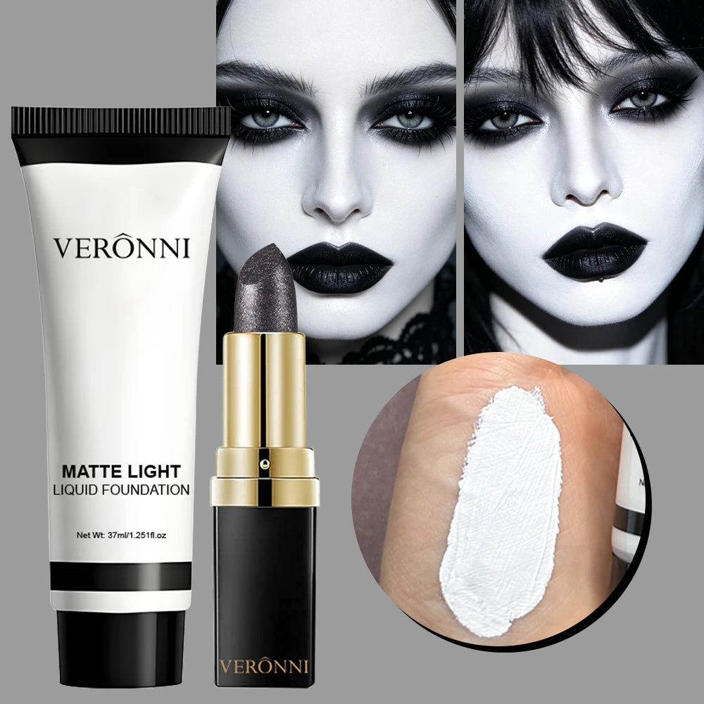 Halloween Matte White Foundation and Black Glitter Lipstick Set - 2