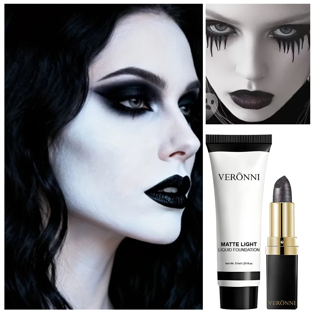 Halloween Matte White Foundation and Black Glitter Lipstick Set - 3