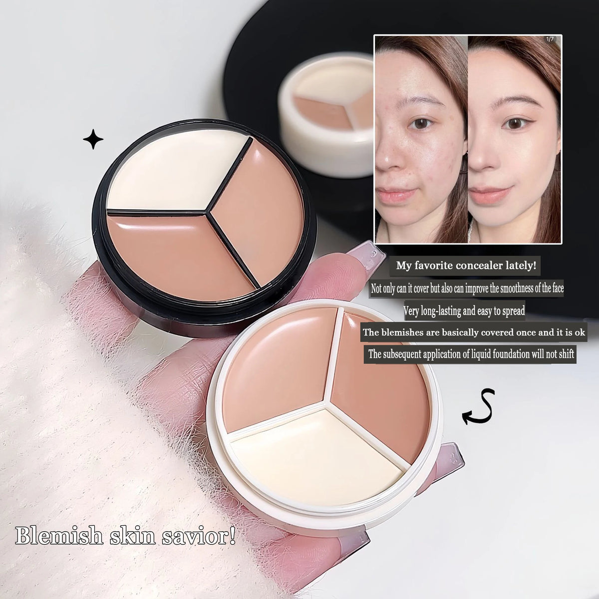 3-Color Cream Concealer Palette for Blemishes and Dark Circles